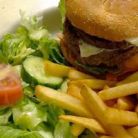 Hamburger Plate · Quarter lb of a hamburger patty on bulkie. Served with fries and salad.