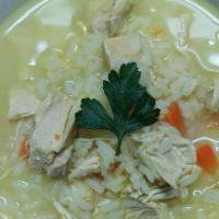 Homemade Chicken Rice Soup · Bowl of homemade Avgolemono Soup. Served with bread. Always homemade and always fresh