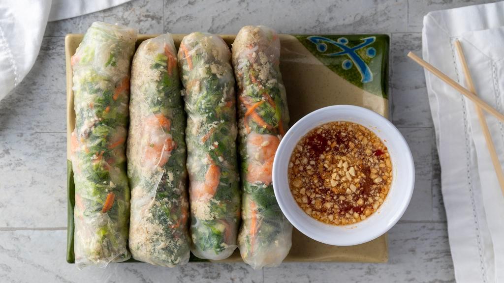 House Fresh Rolls (4) · Rice paper filled with vermicelli noodles, chicken, shrimp,  and mixed veggies.