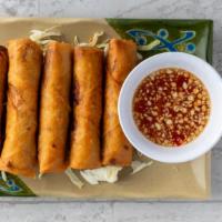 Fried Egg Rolls (5) · Fried rolls filled with pork, carrots, cabbage, and clear noodles.