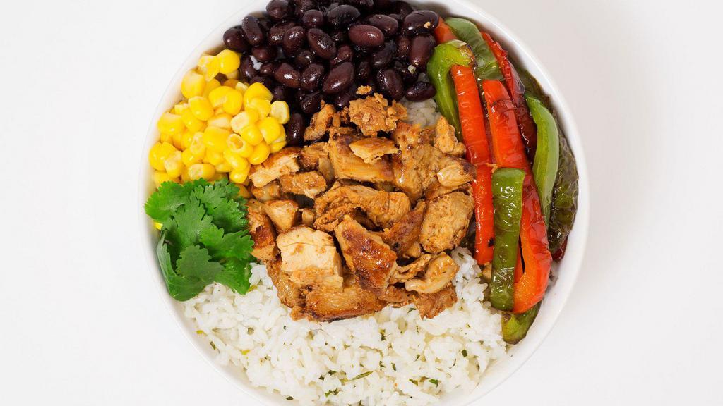 Fajita Bowl · Your choice of rice and protein served with black beans, corn, fajita vegetables, cilantro, and a side of salsa.