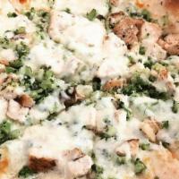Chicken & Broccoli Pizza · Grilled chicken, broccoli, mozzarella, garlic and oil.