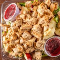 Apple Walnut Salad · Mixed greens, mozzarella cheese, apple slices, candied walnuts, grilled chicken and raspberr...