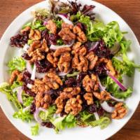 Cranberry Walnut Salad · Spring mix, red onion, dried cranberries, walnuts, grilled chicken, raspberry vinaigrette dr...