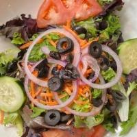 Full Garden Salad · Fresh spring mix, tomatoes, cucumbers, red onions, carrots, and black olives.