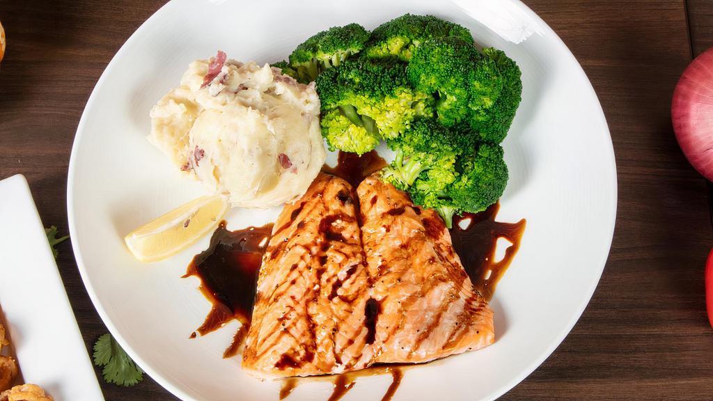 Fresh Salmon · Your choice of plain broiled, blackened, teriyaki, or balsamic glazed.. Served with your choice of two sides.