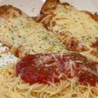 Chicken Parmigiana · Lightly breaded chicken cutlet with marinara sauce and mozzarella cheese. Served with your c...