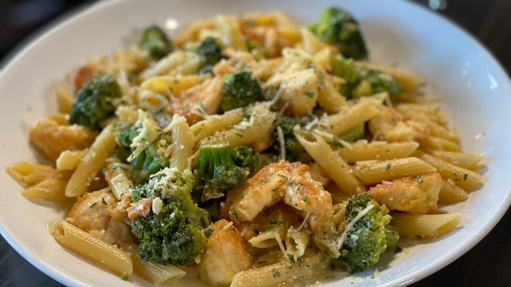 Chicken & Broccoli · Sautéed chicken tenderloins and broccoli served in a white wine garlic sauce with pasta.. May substitute alfredo sauce for $1.00