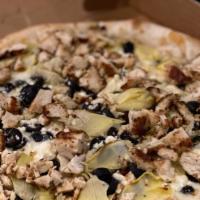 Lg Godfathers · Garlic, olive oil, artichoke hearts, grilled chicken, black olives with feta, mozzarella and...