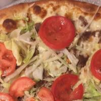 Cheesesteak Hoagie Pizza (Large) · Steak, Lettuce, Tomato & Mozzarella Cheese.