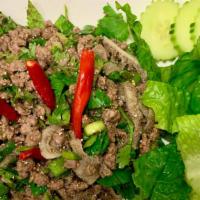 Beef Salad (Laab Siin) · Gluten free. Ground sirloin, tripe, green onion, cilantro, lime juice, fish sauce, ground to...