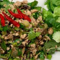 Chicken Salad (Laab Gai) · Gluten free. Chicken, heart and gizzard, green onion, cilantro, lime juice, fish sauce, grou...