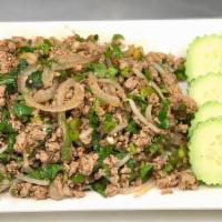 Pork Salad (Laab Moo) · Gluten free. Pork, pork skin, green onion, cilantro, lime juice, fish sauce, ground toasted ...