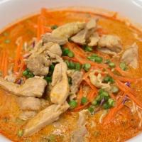 Chicken Curry Noodle Soup (Khao Poon Num Gai) · Gluten free. Chicken, vermicelli noodles, curry paste, coconut milk, cabbage, carrot, and lo...