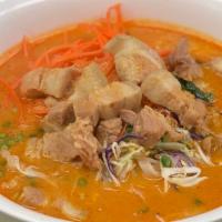 Pork Curry Noodle Soup (Mee Kah-Ti) · Gluten free. Pork, rice noodles, curry paste, peanuts, coconut milk, cabbage, carrot, and lo...