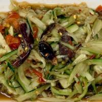 Cucumber Salad (Thum Maak Thang) · Gluten free. Spicy. Cucumber, tomato, shrimp paste, crab paste, padeak sauce and lime.