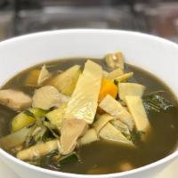 Bamboo And Mushroom Soup · Gluten free. Bamboo Shoots, Straw Mushrooms, Squash, Zucchini in a Deep Green Herb soup broth.