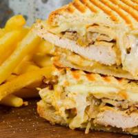 Grilled Chicken Panini · Homemade chicken cutlet, sautéed spinach, lemon mayo and provolone cheese on Italian bread p...