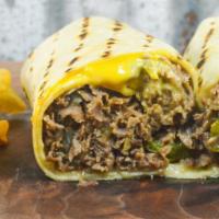 Cheese Steak Wrap · Marinated steak, grilled onions, green peppers, and cheese whiz.