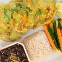 Pollo Mexicano · grilled chicken breast topped with shrimp and cilantro sauce served with white rice, black b...