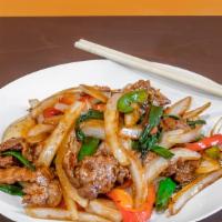Mongolian Beef · Beef sautéed with spring onions.