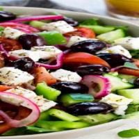 Greek Salad · Classic Greek combination of mixed greens, fresh vegetables, feta cheese, and kalamata olive...