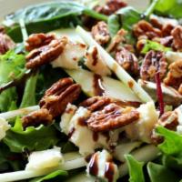 Roasted Pear Salad · Roasted pears, Spring mix , toasted walnuts, feta cheese, cranberries with pear vinaigrette ...