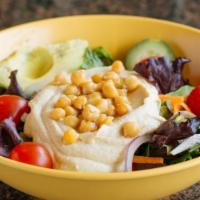 Hummus Salad · Olive, hummus, and fresh vegetables. Spring mix topped with carrots, cucumber, onion, bell p...