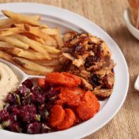 Shawarma Platter · Marinated chicken thighs and slowly cooked on a spit. Served with pita, your choice of frenc...
