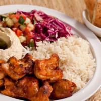 Chicken Kabob Platter · Grilled skewers of seasoned chicken. Served with pita, your choice of french fries, rice, or...