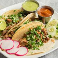 Tacos (3) · Choice of grilled chicken or fish, carnitas, pastor, chorizo, chicken tinga, vegetable.