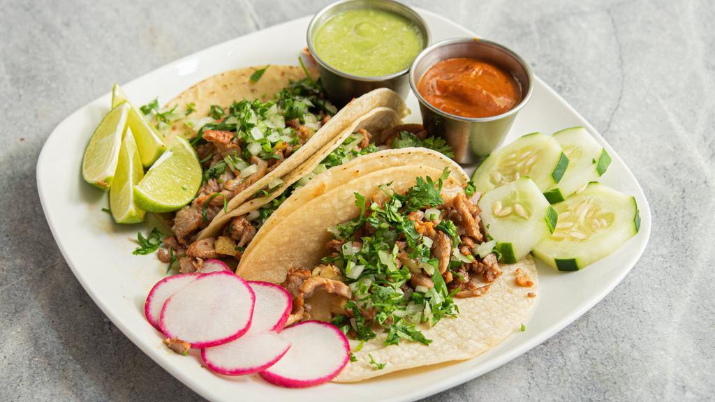 Tacos (3) · Choice of grilled chicken or fish, carnitas, pastor, chorizo, chicken tinga, vegetable.