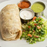 Burritos · Served with rice and beans, sour cream, and cheese. Choice of grilled chicken, carnitas, pas...