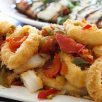 Spicy Calamari · Tender rings breaded & sprinkled with diced hot cherry peppers with a side of marinara sauce.