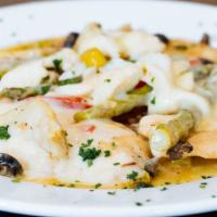 Chicken Princessa · Sautéed chicken breast with artichokes, black olives, asparagus & roasted peppers, topped wi...