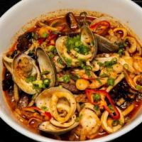 Jjamppong · Spicy noodle soup, with shrimp, scallops, mussels, and squid