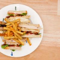 Turkey Club Sandwiches · Turkey,  Triple decker with swiss on white or wheat, or dark rye, with a choice of chips or ...