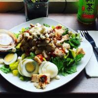 Cobb Salad · Crisp Romaine, Tomato, Bacon, Avocado, Grilled Chicken, Boiled Egg, Feta Cheese With Your Ch...