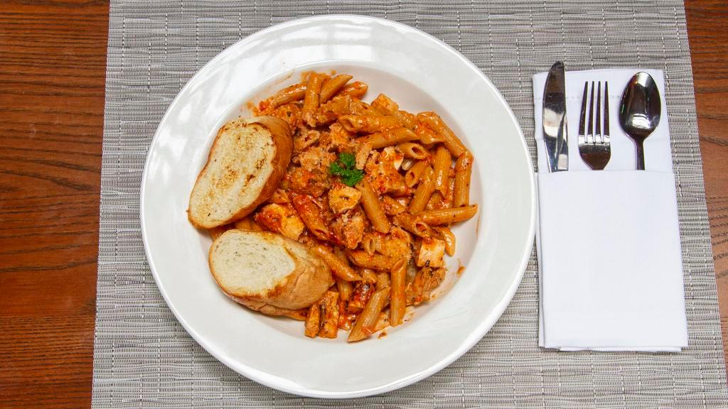 Rose Sauce Pasta
 · Marinara sauce and alfredo cream sauce mixed together, sauteed in fresh garlic & virgin olive oil, and tossed with penne pasta sprinkled with Parmesan cheese. Accompanied with garlic french bread.