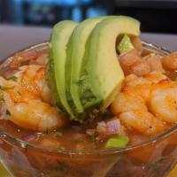 Shrimp Cocktail · Delicious wild shrimp, pico de gallo tossed in our home made cocktail sauce and topped with ...
