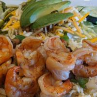 Shrimp A La Hacienda · Pan seared shrimp, mushrooms, onions, green bell peppers, sautéed in white wine served with ...