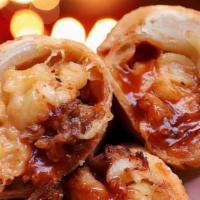 Pulled Pork Mac & Cheese Egg Rolls · with BBQ-Ranch