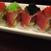 Sm22. Asano Maki · New. Tuna, avocado, flying fish roe, topped with tuna and jalapeño green pepper.
