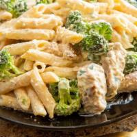 Chicken Pasta & Broccoli · Sauteed in creamy sauce tossed with Romano cheese. Served with choice of penne pasta or ling...