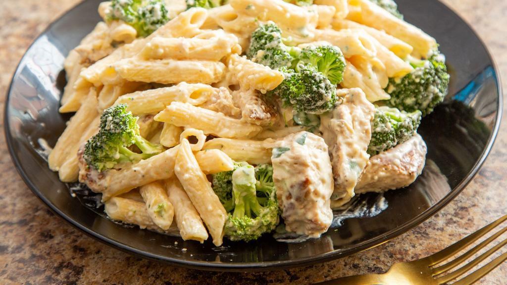 Chicken Pasta & Broccoli · Sauteed in creamy sauce tossed with Romano cheese. Served with choice of penne pasta or linguine and a house salad with your choice of dressing.