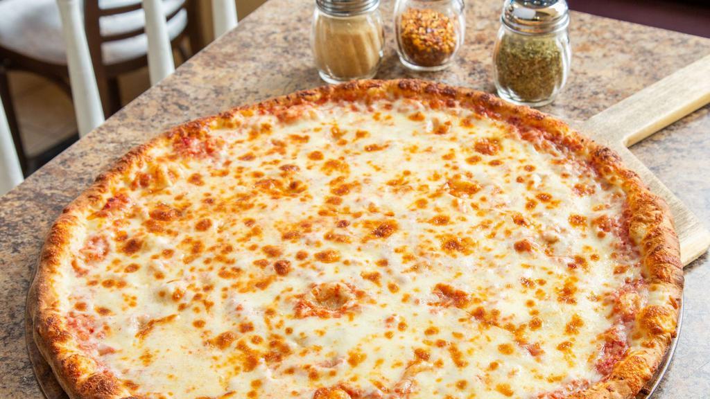 Three-Cheese Pizza · Our famous three-cheese blend Italian style pizza with our homemade rich in flavor pizza sauce cooked to perfection.