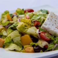 Original Greek Salad · romaine, feta, olives, cucumbers, red onion,. pepperoncini, pita croutons, red pepper