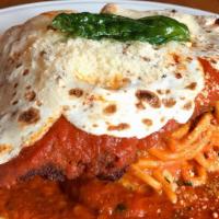 Chicken Parmesan · housemade spaghett, marinara, fresh mozzarella