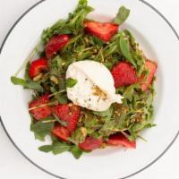 Strawberry & Burrata · baby spinach, torn basil, balsamic dressing, pistachios (vegan, gluten free)