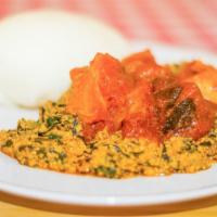 Pounded Yam (Fufu) With Soup With Fresh Fish · Curry ewedu okra and apan.